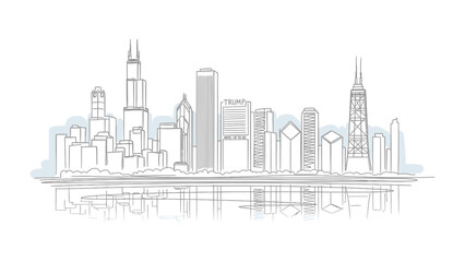 Naklejka premium Cityscape Sketch: A minimalistic line drawing of a city skyline, reflecting beautifully in calm water. Capturing the urban charm and architectural detail.