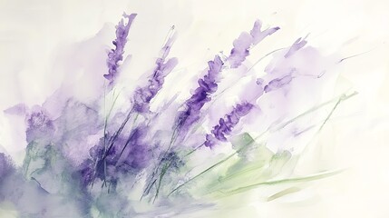 Delicate watercolor painting of lavender flowers with soft purple hues, creating a serene and calming atmosphere