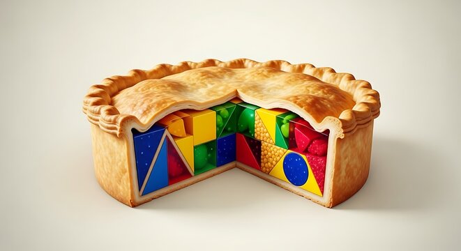 Conceptual pie chart filled with colorful geometric shapes representing data visualization and analysis