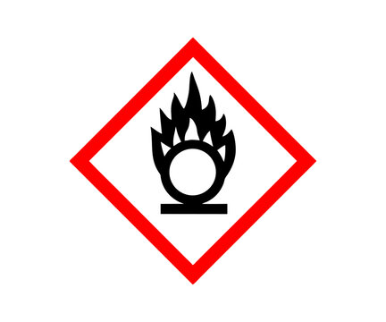 This is a GHS symbol indicating oxidizing substances icon. Hazard sign oxidizing gas with red rhombus frame vector design and illustration.

