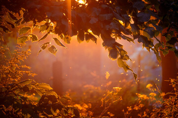 Golden Autumn Leaves Sunlight Bokeh in Forest