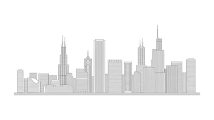 Naklejka premium Cityscape Silhouette: An architectural line drawing, showcasing the city skyline with towering skyscrapers, depicting an urban metropolis. 