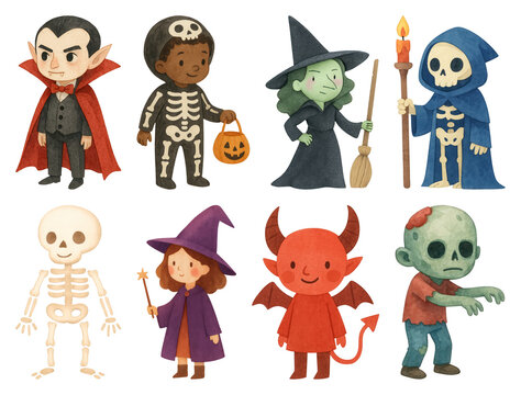 PNG Cute Halloween costume characters, element set on transparent background