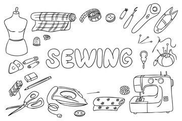 Sewing tools and accessories arranged around the word sewing in hand drawn style, including sewing machine, mannequin, scissors. Represents creativity, fashion design and handmade craft concept