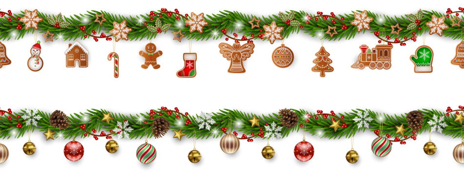 seamless christmas borders with pine branches,  decorations and gingerbreads . christmas seamless garlands with ornaments