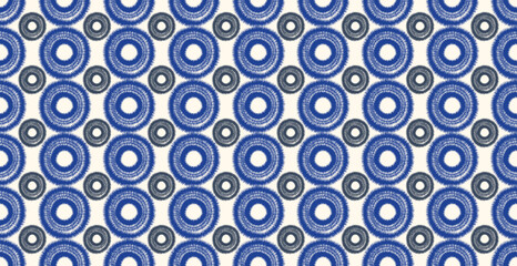 seamless ikat pattern with circular geometric motifs in blue and gray tones. Handwoven-inspired texture adds a traditional yet contemporary aesthetic, Ideal for fashion, crafts, and digital design.