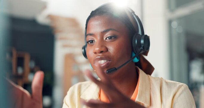 Telemarketing, woman and talk in office with smile for explaining company product, service and benefits. Black person, contact client and speaking for lead generation, market survey and sales target.