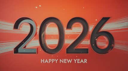 Creative 2026 new year design glossy black 3d numbers silver trails festive sparkles red-orange backdrop

