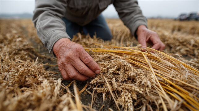 Focused farmer with hand on wheat grain, inspecting crop before harvesting in field. man carefully examines ripe golden stalk