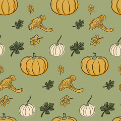 Seamless hand drawn pattern with pumpkins, chanterelle mushrooms and autumn leaves on green background. Represents thanksgiving, harvest season and cozy fall concept
