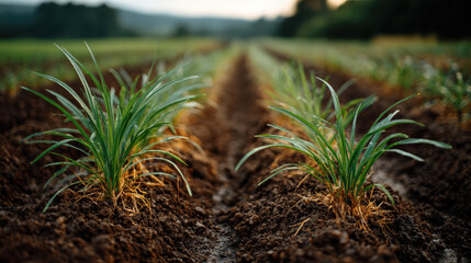 Hopeful close up of green seedling growth in rich soil on an Australian farm. Agriculture rows show sustainable farming and peaceful concept