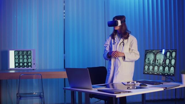 Doctor in White Coat Interacts With Virtual Reality Interface to Study Brain MRI Scans. Concept of Medical Research, Advanced Diagnostics, and Healthcare Innovation Through VR Technology.