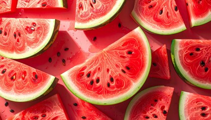 Vibrant watermelon slices glistening with water droplets on a bright pink background