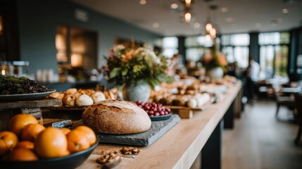 Friends gather for a cozy Halloween brunch, enjoying a spread of themed treats, fresh bread, fruits, and seasonal decor in a warm, inviting cafe setting