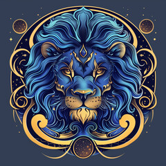 Modern Leo zodiac illustration featuring a majestic lion with flowing blue mane, golden accents, and celestial elements in a cosmic design