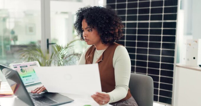 Reading, document and woman with laptop, office and risk management with data analysis and research. Online, info and black person with tech for tax preparation, graphs and accountant with paperwork