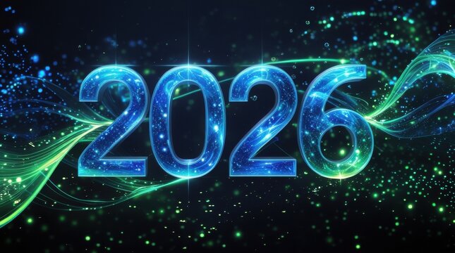 2026: A visual representation of the year 2026, set against a dynamic backdrop, shimmering with vibrant colors. Reflecting the forward movement into the future.