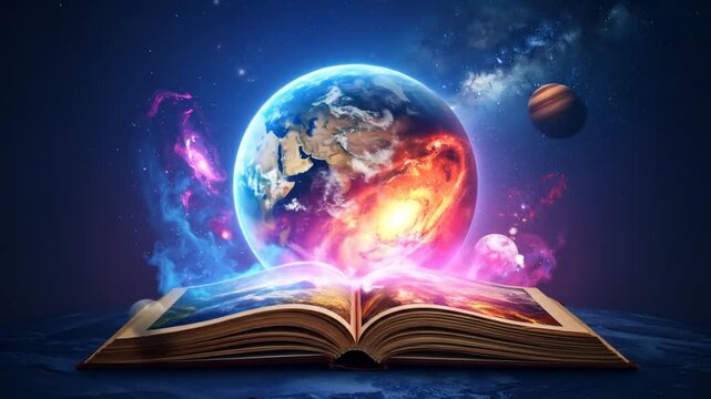 An open book shows a celestial world and Earth amid cosmic energy, surrounded by dark space