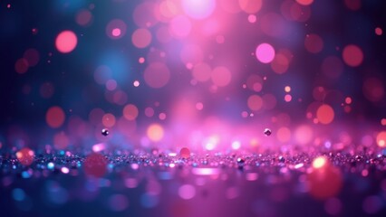 Tiny glitter sparkles scattering over reflective surface under pink purple bokeh lights with copyspace, concept of glamour party, cosmetic promo, festive night