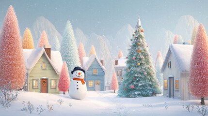 Naklejka premium Christmas tree and a cute snowman stand in a snowy village square with softly lit houses, xmas cartoon town scene