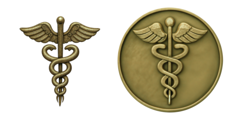 Textured Caduceus symbol separated and engraved on a coin, isolated on transparent background