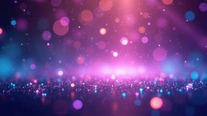 Tiny glitter sparkles scattering over reflective surface under pink purple bokeh lights with copyspace, concept of glamour party, cosmetic promo, festive night