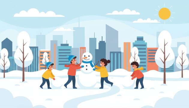 Joyful children building a snowman together in a snowy city park with skyscrapers and winter sun, capturing playful winter fun and community spirit.