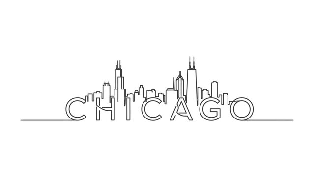 Chicago Skyline Illustration: A minimalist line art illustration of the Chicago skyline, featuring iconic skyscrapers and architecture, rendered in a simple yet striking monochrome aesthetic.