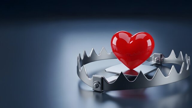 Romance scam concept heart trapped in metallic bear trap