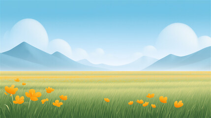 Obraz premium Spring landscape with bright yellow flowers blooming on a green meadow under blue sky and white clouds, concept of nature, freshness and seasonal beauty.