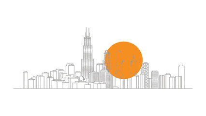 Modern City Skyline with Sunrise: The image presents a clean and modern skyline, the silhouette of towering buildings. A vibrant orange sun rises or sets, adding warmth to the monochromatic scene.