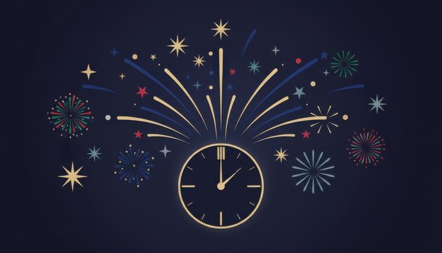 Celebrate the New Year with a festive clock and vibrant fireworks exploding in the dark night sky