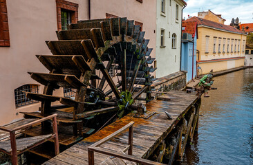 Historic Water Mill Wheel on Prague Devil's Canal.