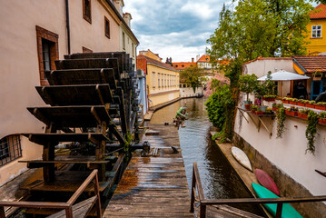 Historic Water Mill Wheel on Prague Devil's Canal.