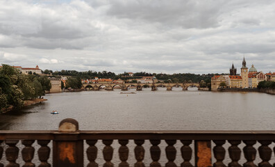 Historical Charles Bridge Across the Vltava River in Prague.