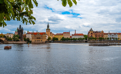 Prague Old Town Panorama Across Vltava River Embankment.