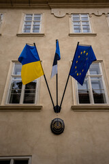 Estonian Embassy with EU Flag in Prague, Czechia.