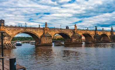 Iconic Charles Bridge Stone Arches Over Vltava River.