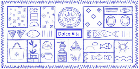 Dolce vita collage of italian summer icons and symbols in blue ink drawing