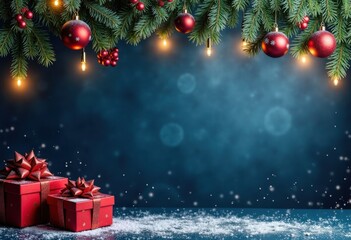 Merry Christmas and Happy New Year blue background with fir branches, Christmas garland of lights, gift boxes and snow, card template with place for text