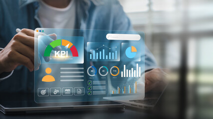 KPI analytics dashboard showing charts, performance metrics, AI insights and task checklists used...