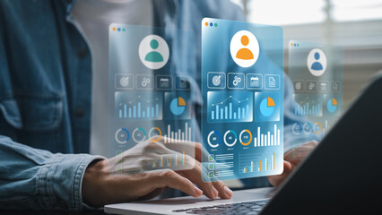 Digital HR system showing employee KPI data, team performance metrics and productivity dashboards...