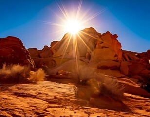 Sunburst Over Red Rock Formation in Arid Landscape.