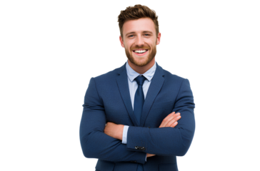 portrait of a happy young businessman in a blue suit with his arms crossed