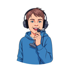 Boy with Headset Microphone, Cartoon Character, Podcast, Gamer