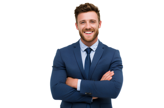  portrait of a happy young businessman in a blue suit with his arms crossed