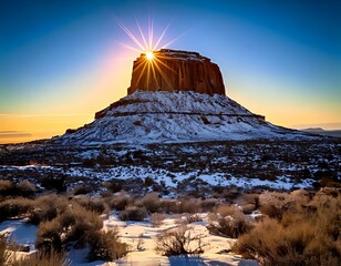 Sunburst Over Snowy Butte in Utahs Winter Landscape.