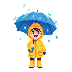 Boy with Umbrella in Rain, Cartoon Illustration, Rainy Day Fun