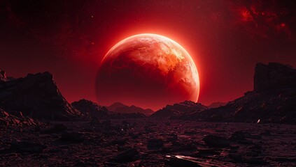 Crimson Zenith. A Landscape Under a Fiery Celestial Body, An Alien Vista.