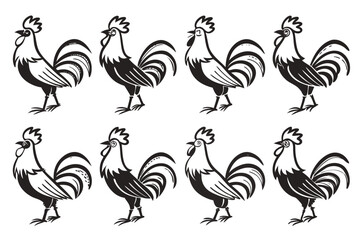 Obraz premium Minimalist folk art rooster icon set in black yellow cyan magenta